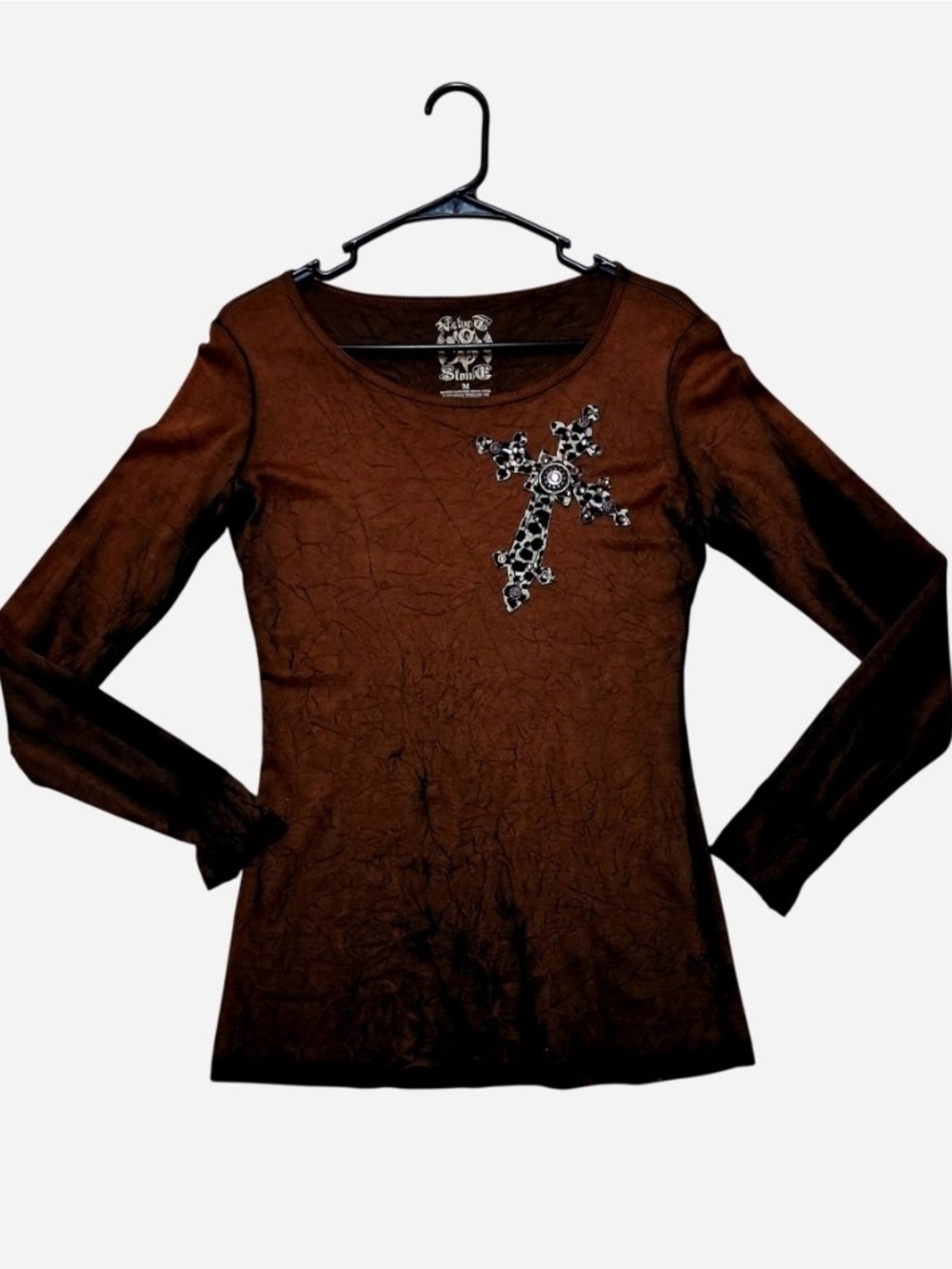 Y2K Velvet & Stone Long-Sleeve Brown Women’s Top with Cross Accent